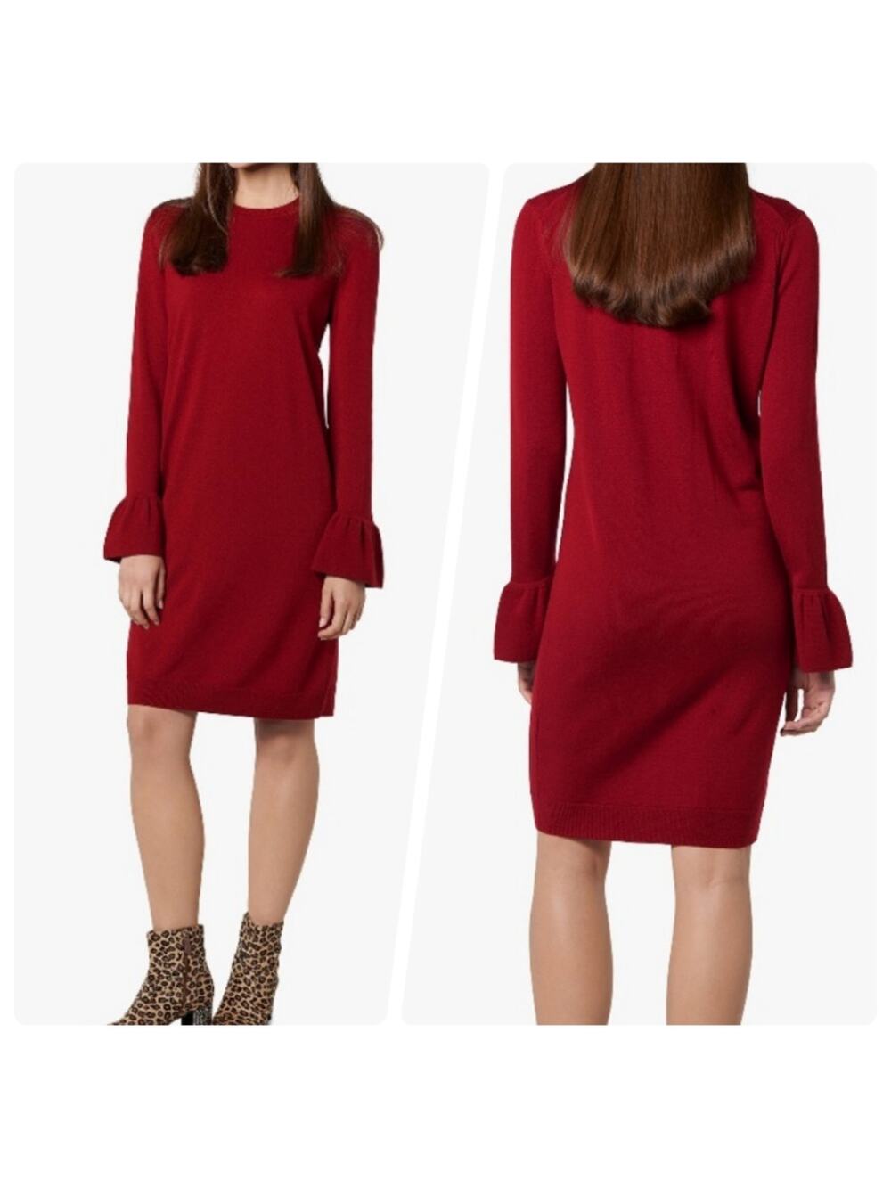 L.K. Bennett 100% Wool Bell Sleeve Sweater Dress Knee Lenght Red Size M